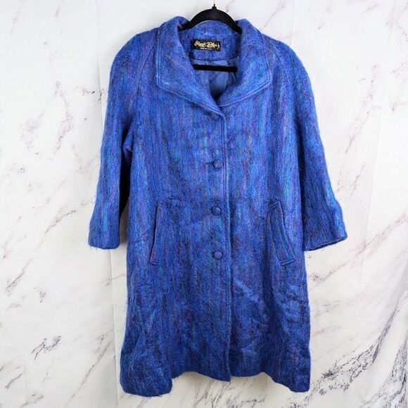 Vintage 70s Bright Blue Purple Mohair Wool Swingline Textured Coat ILGWU Large - Picture 1 of 7